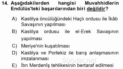 İslam Tarihi ve Medeniyeti 1 2016 - 2017 Dönem Sonu Sınavı 14.Soru