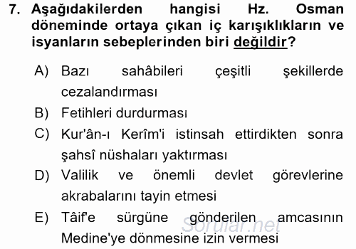 İslam Tarihi ve Medeniyeti 1 2016 - 2017 Dönem Sonu Sınavı 7.Soru