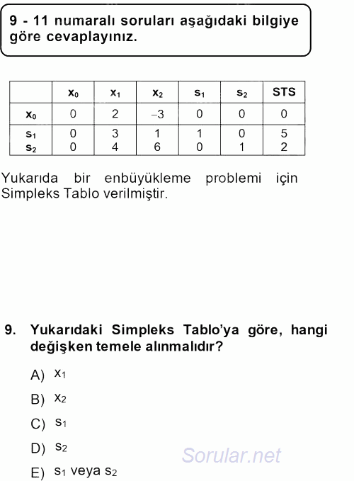 Yöneylem Araştırması 1 2013 - 2014 Tek Ders Sınavı 9.Soru