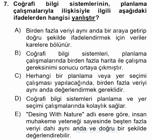 Coğrafi Bilgi Sistemleri 2016 - 2017 Dönem Sonu Sınavı 7.Soru