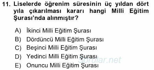 Türk Eğitim Tarihi 2016 - 2017 Dönem Sonu Sınavı 11.Soru
