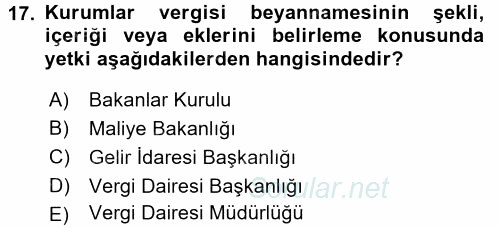 Özel Vergi Hukuku 1 2015 - 2016 Dönem Sonu Sınavı 17.Soru