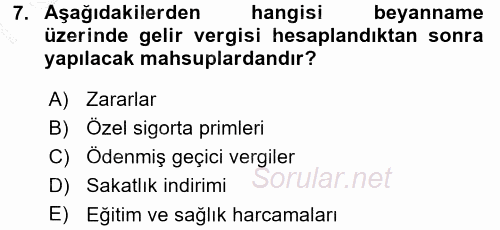 Özel Vergi Hukuku 1 2015 - 2016 Dönem Sonu Sınavı 7.Soru