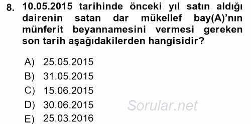 Özel Vergi Hukuku 1 2015 - 2016 Dönem Sonu Sınavı 8.Soru