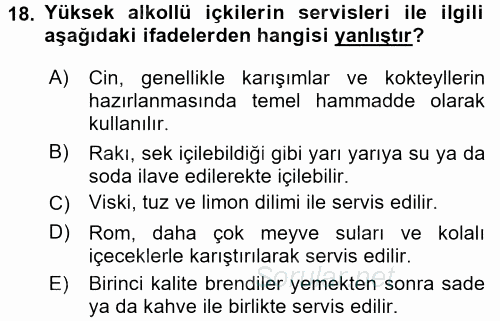 Yiyecek-İçecek Hizmetleri 2016 - 2017 Dönem Sonu Sınavı 18.Soru