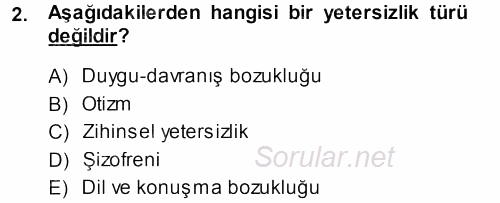 Özel Gereksinimli Bireyler ve Bakım Hizmetleri 2013 - 2014 Tek Ders Sınavı 2.Soru