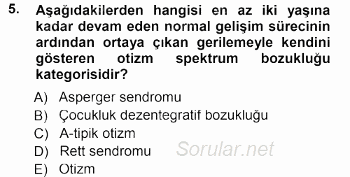 Özel Gereksinimli Bireyler ve Bakım Hizmetleri 2013 - 2014 Tek Ders Sınavı 5.Soru