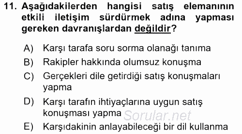 Kişisel Satış Teknikleri 2016 - 2017 Ara Sınavı 11.Soru