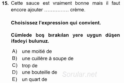 Fransızca 1 2015 - 2016 Tek Ders Sınavı 15.Soru