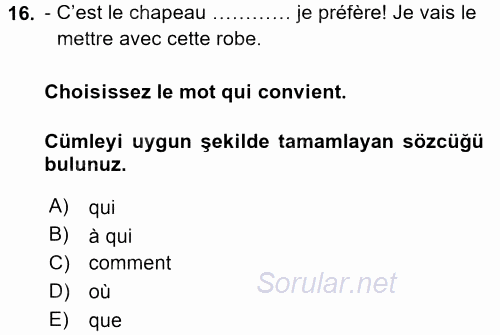 Fransızca 1 2015 - 2016 Tek Ders Sınavı 16.Soru