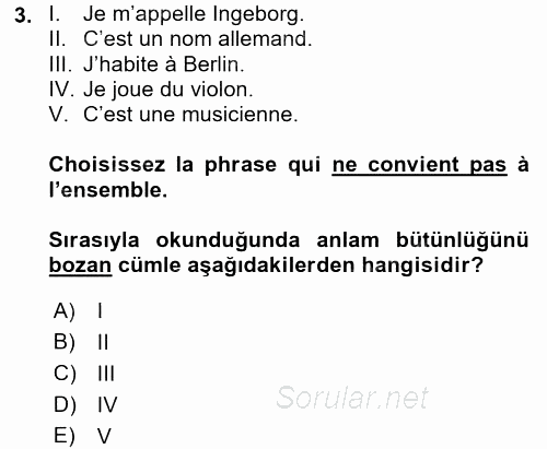 Fransızca 1 2015 - 2016 Tek Ders Sınavı 3.Soru