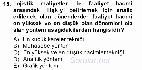 Lojistik Maliyetleri ve Raporlama 2 2014 - 2015 Dönem Sonu Sınavı 15.Soru