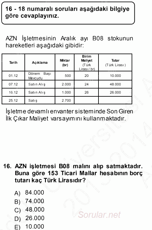 Dönemsonu İşlemleri 2013 - 2014 Ara Sınavı 16.Soru