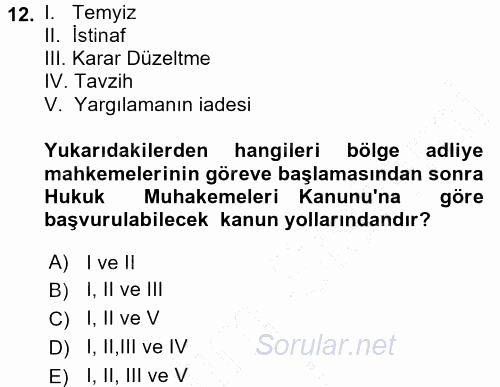 Medeni Usul Hukuku 2015 - 2016 Dönem Sonu Sınavı 12.Soru