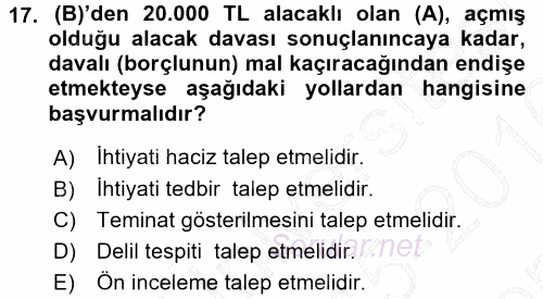 Medeni Usul Hukuku 2015 - 2016 Dönem Sonu Sınavı 17.Soru