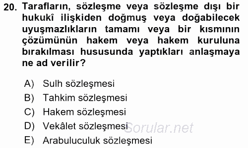 Medeni Usul Hukuku 2015 - 2016 Dönem Sonu Sınavı 20.Soru
