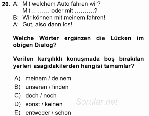 Almanca 2 2015 - 2016 Dönem Sonu Sınavı 20.Soru