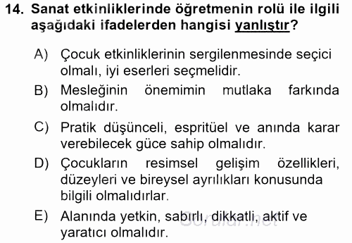 Çocukta Sanat Eğitimi Ve Yaratıcılık 2017 - 2018 Dönem Sonu Sınavı 14.Soru