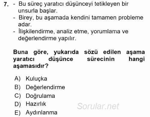 Çocukta Sanat Eğitimi Ve Yaratıcılık 2017 - 2018 Dönem Sonu Sınavı 7.Soru
