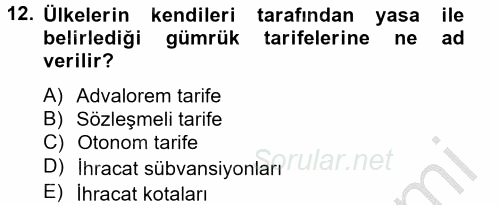 Uluslararası İktisat 2012 - 2013 Dönem Sonu Sınavı 12.Soru