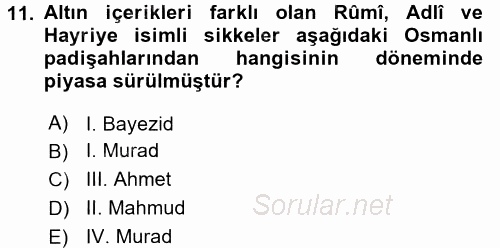 Osmanlı Yenileşme Hareketleri (1703-1876) 2016 - 2017 Dönem Sonu Sınavı 11.Soru