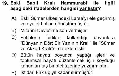 Eski Mezopotamya ve Mısır Tarihi 2015 - 2016 Ara Sınavı 19.Soru