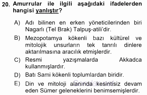 Eski Mezopotamya ve Mısır Tarihi 2015 - 2016 Ara Sınavı 20.Soru