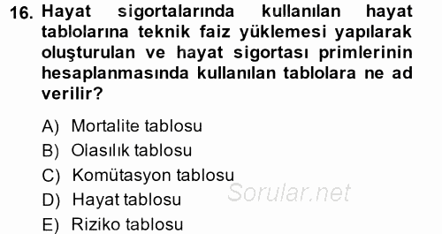 Hayat Sigortaları Ve Bireysel Emeklilik Sistemi 2014 - 2015 Ara Sınavı 16.Soru