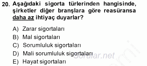 Hayat Sigortaları Ve Bireysel Emeklilik Sistemi 2014 - 2015 Ara Sınavı 20.Soru