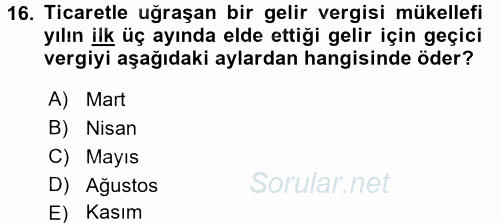 Türk Vergi Sistemi 2016 - 2017 Ara Sınavı 16.Soru