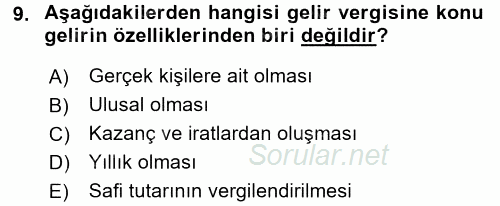 Türk Vergi Sistemi 2016 - 2017 Ara Sınavı 9.Soru