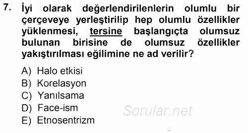 Sosyal Psikoloji 1 2014 - 2015 Ara Sınavı 7.Soru