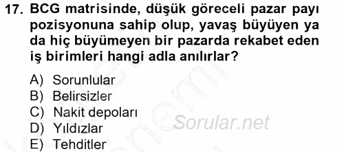 Stratejik Yönetim 2012 - 2013 Dönem Sonu Sınavı 17.Soru