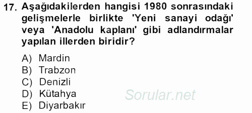 Kent Sosyolojisi 2013 - 2014 Tek Ders Sınavı 17.Soru