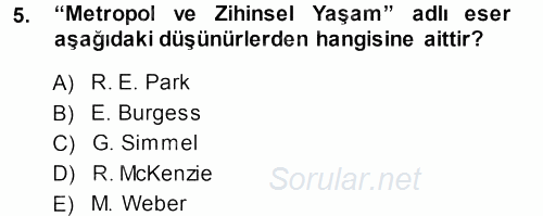 Kent Sosyolojisi 2013 - 2014 Tek Ders Sınavı 5.Soru