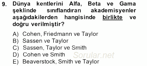 Kent Sosyolojisi 2013 - 2014 Tek Ders Sınavı 9.Soru