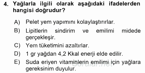 Temel Yem Bilgisi ve Hayvan Besleme 2016 - 2017 Ara Sınavı 4.Soru