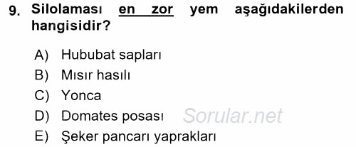 Temel Yem Bilgisi ve Hayvan Besleme 2016 - 2017 Ara Sınavı 9.Soru