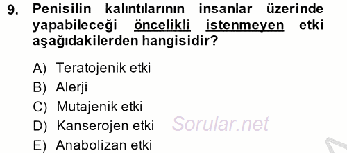 Temel Veteriner Farmakoloji ve Toksikoloji 2014 - 2015 Dönem Sonu Sınavı 9.Soru