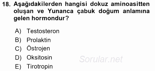 Temel Veteriner Biyokimya 2017 - 2018 3 Ders Sınavı 18.Soru