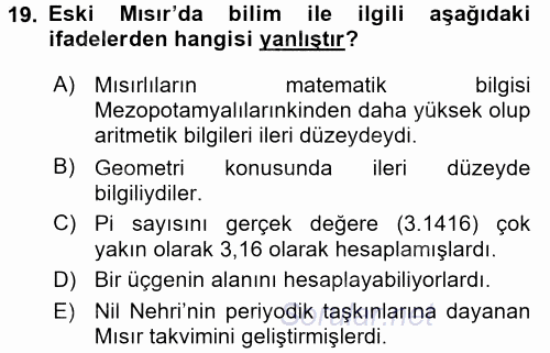 Uygarlık Tarihi 1 2017 - 2018 Ara Sınavı 19.Soru