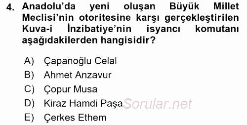 Türkiye Cumhuriyeti Siyasî Tarihi 2015 - 2016 Dönem Sonu Sınavı 4.Soru