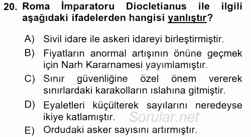 Hellen ve Roma Tarihi 2015 - 2016 Dönem Sonu Sınavı 20.Soru