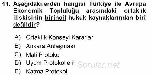 Avrupa Birliği ve Türkiye İlişkileri 2017 - 2018 Ara Sınavı 11.Soru