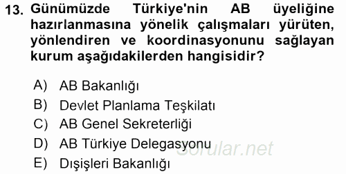 Avrupa Birliği ve Türkiye İlişkileri 2017 - 2018 Ara Sınavı 13.Soru