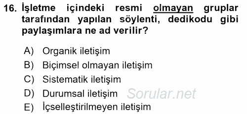 İşletme Yönetimi 2017 - 2018 Dönem Sonu Sınavı 16.Soru