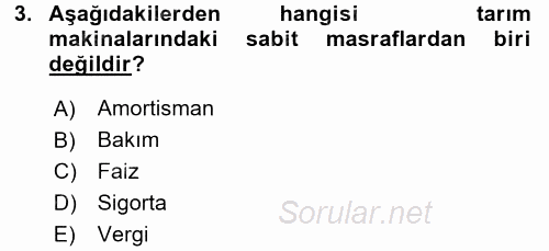 Tarım Alet ve Makinaları 2015 - 2016 Ara Sınavı 3.Soru