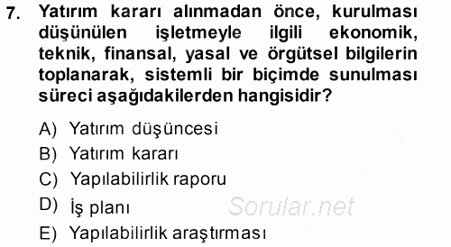 İşletme İlkeleri 2013 - 2014 Dönem Sonu Sınavı 7.Soru