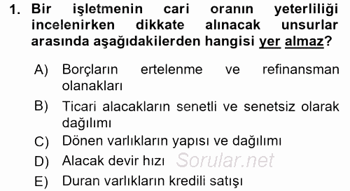 Muhasebe Denetimi ve Mali Analiz 2016 - 2017 Dönem Sonu Sınavı 1.Soru