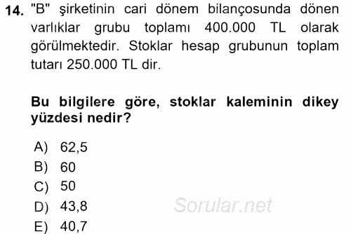 Muhasebe Denetimi ve Mali Analiz 2016 - 2017 Dönem Sonu Sınavı 14.Soru